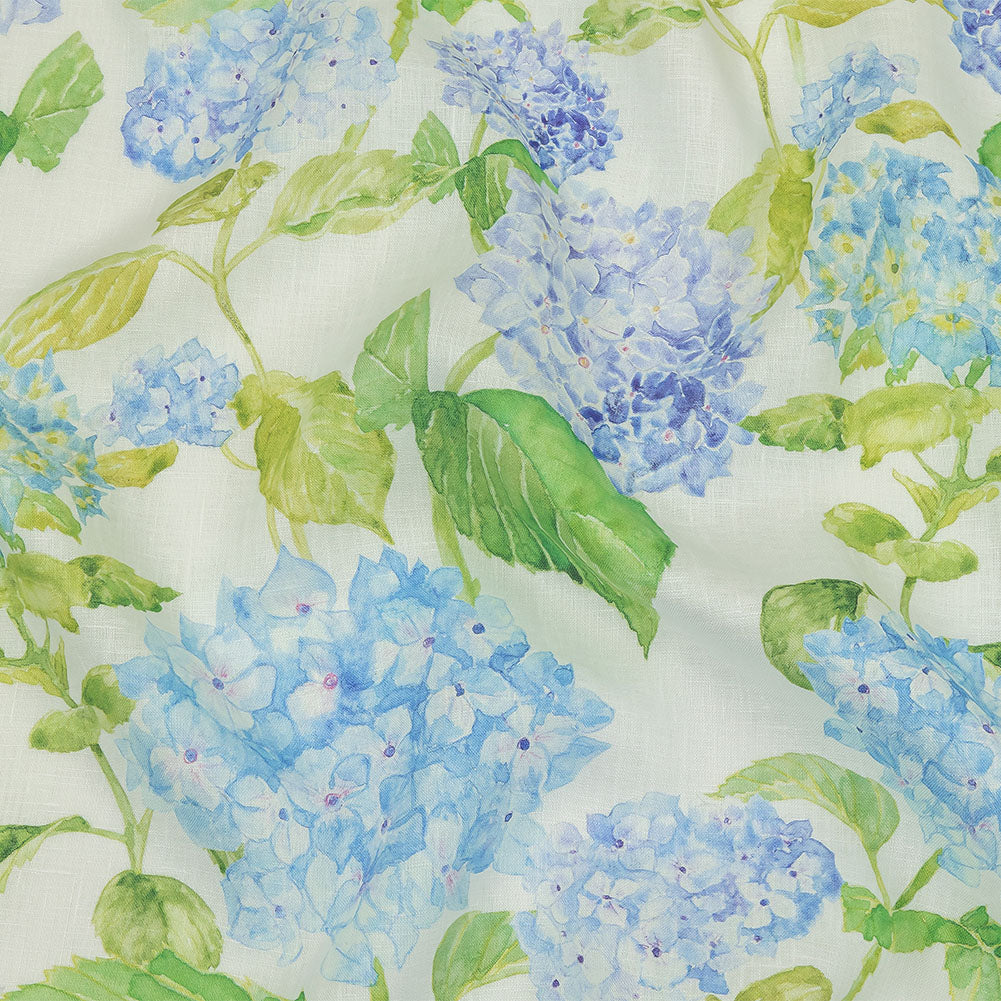Blue, Green and White Hydrangeas Medium Weight Linen Woven