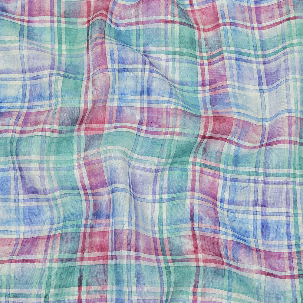 Purple, Teal and Pink Watercolor Plaid Medium Weight Linen Woven