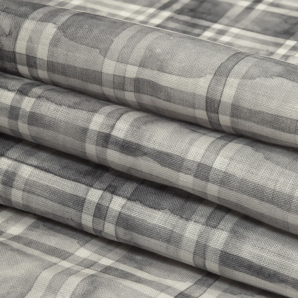 Gray and White Watercolor Plaid Medium Weight Linen Woven Folded