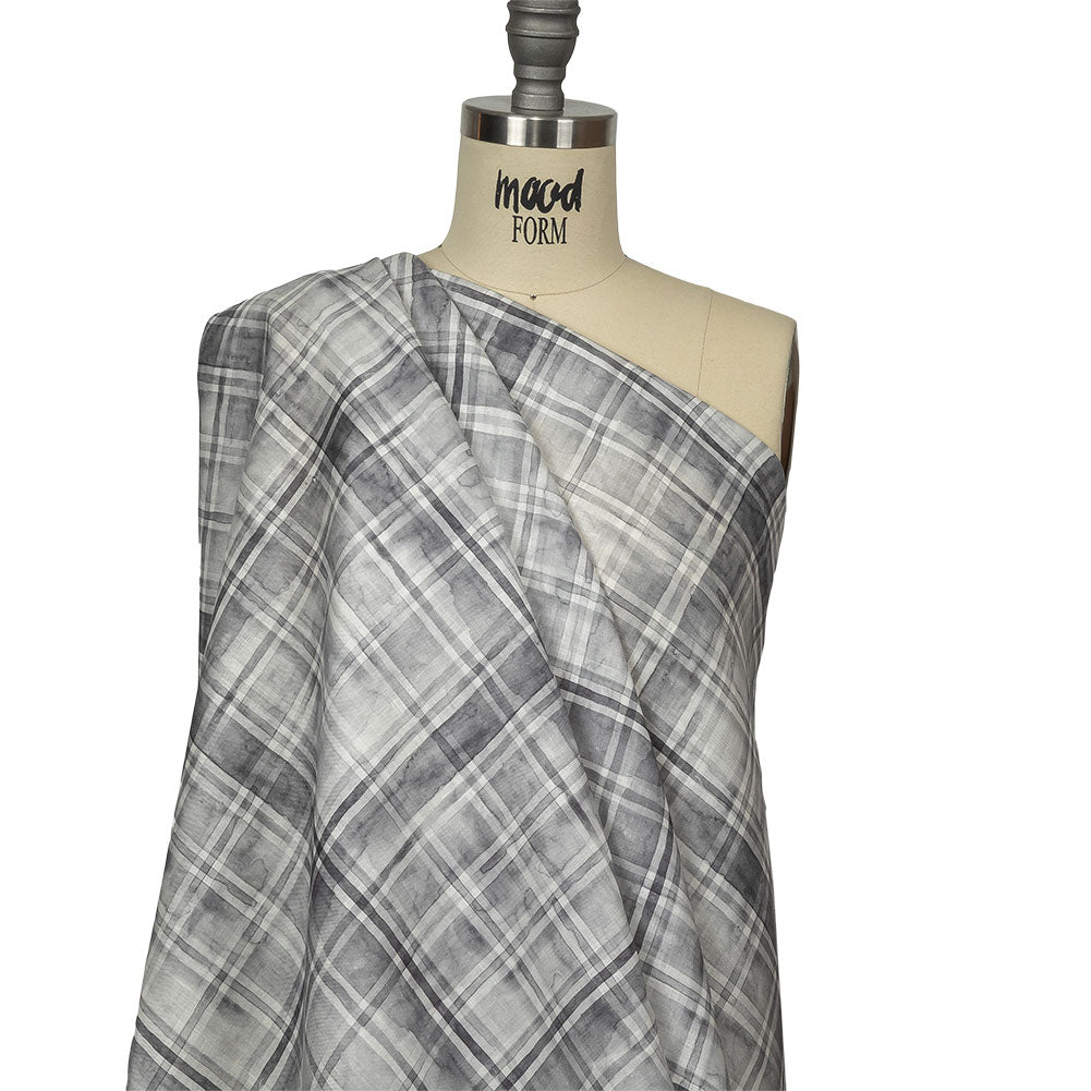 Gray and White Watercolor Plaid Medium Weight Linen Woven Drape