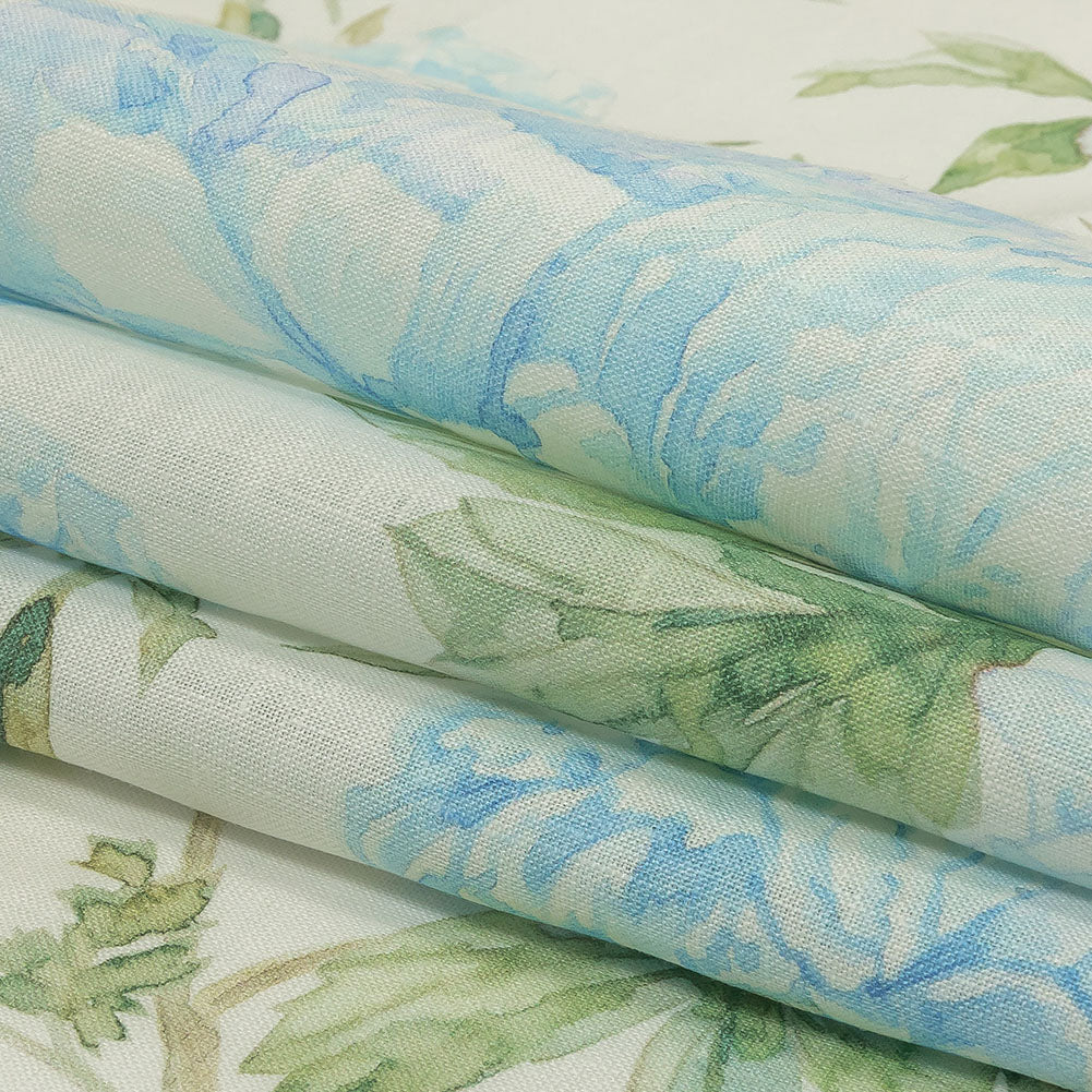 Blue, Green and White Watercolor Roses Medium Weight Linen Woven Folded