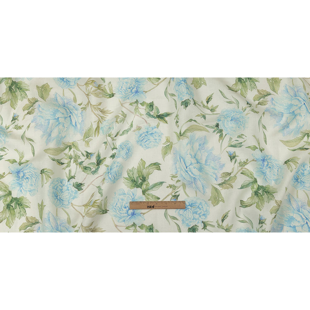 Blue, Green and White Watercolor Roses Medium Weight Linen Woven Full