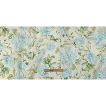 Blue, Green and White Watercolor Roses Medium Weight Linen Woven Full