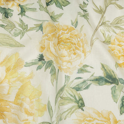 Yellow, Green and White Watercolor Roses Medium Weight Linen Woven