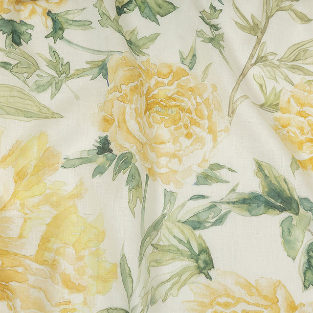Yellow, Green and White Watercolor Roses Medium Weight Linen Woven