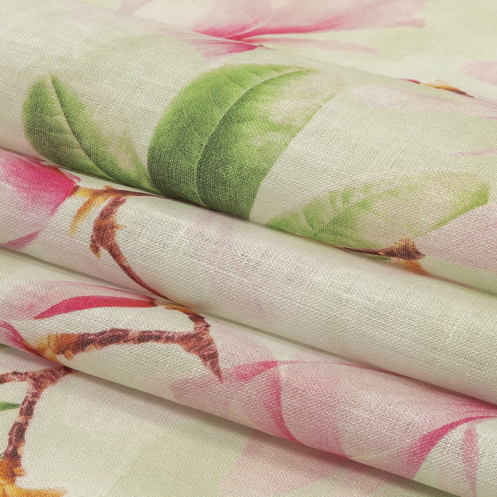 Pink and Green Magnolia Blooms Medium Weight Linen Woven Folded