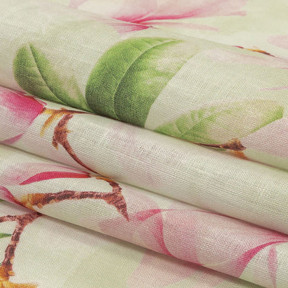 Pink and Green Magnolia Blooms Medium Weight Linen Woven Folded