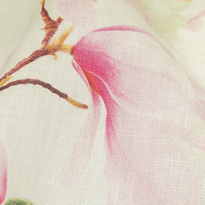 Pink and Green Magnolia Blooms Medium Weight Linen Woven Detail