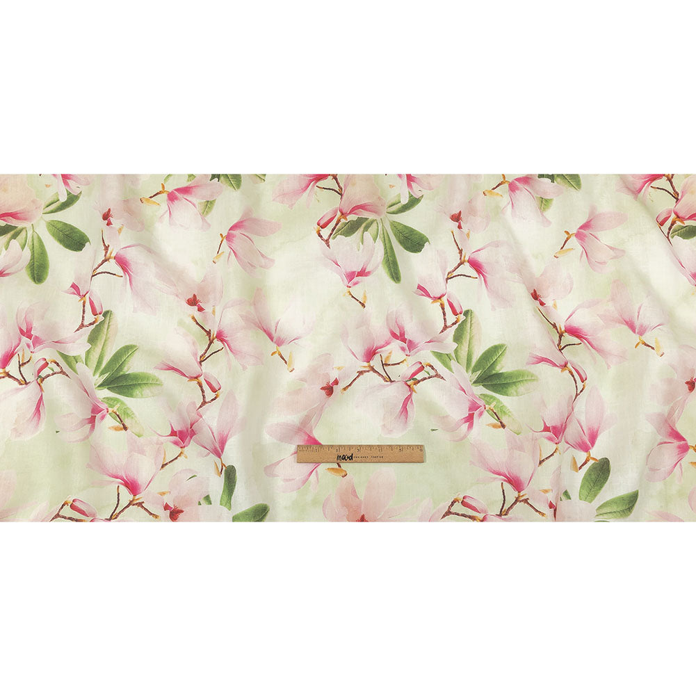 Pink and Green Magnolia Blooms Medium Weight Linen Woven Full