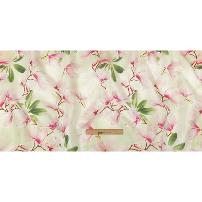 Pink and Green Magnolia Blooms Medium Weight Linen Woven Full