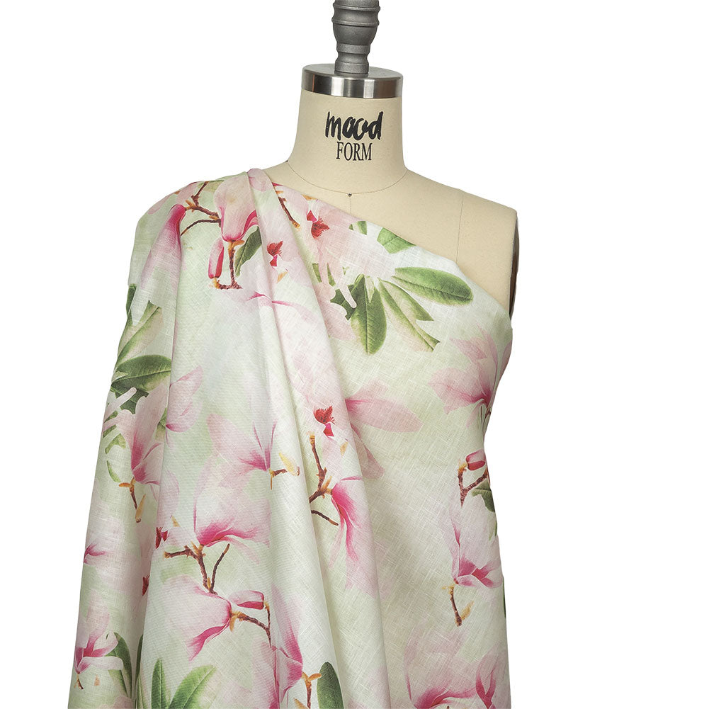 Pink and Green Magnolia Blooms Medium Weight Linen Woven Drape