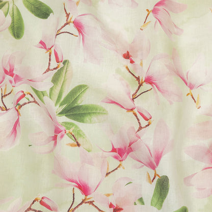 Pink and Green Magnolia Blooms Medium Weight Linen Woven