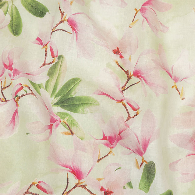 Pink and Green Magnolia Blooms Medium Weight Linen Woven