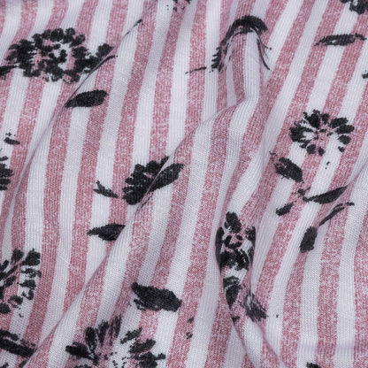 Mauve, White and Black Candy Stripes and Florals Stretch Rayon Jersey Detail