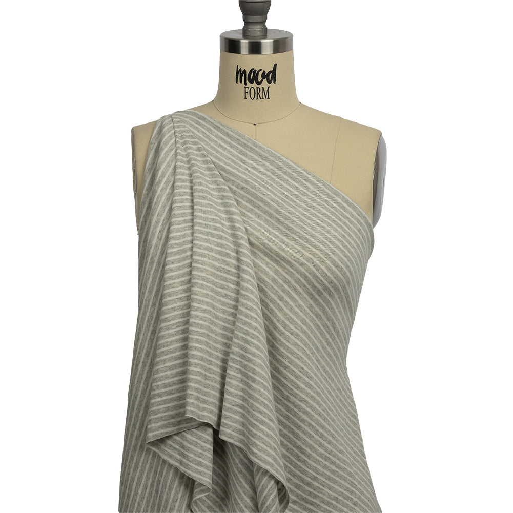 Heathered Gray and White Striped Cotton 1x1 Rib Knit Drape