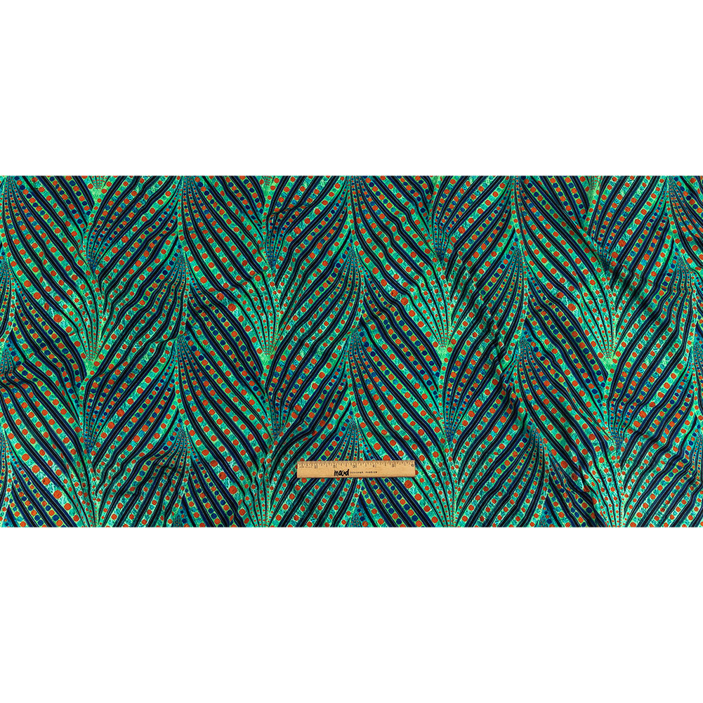 Jade, Blue and Orange Art Deco Feathers UV Protective Compression Swimwear Tricot with Aloe Vera Microcapsules