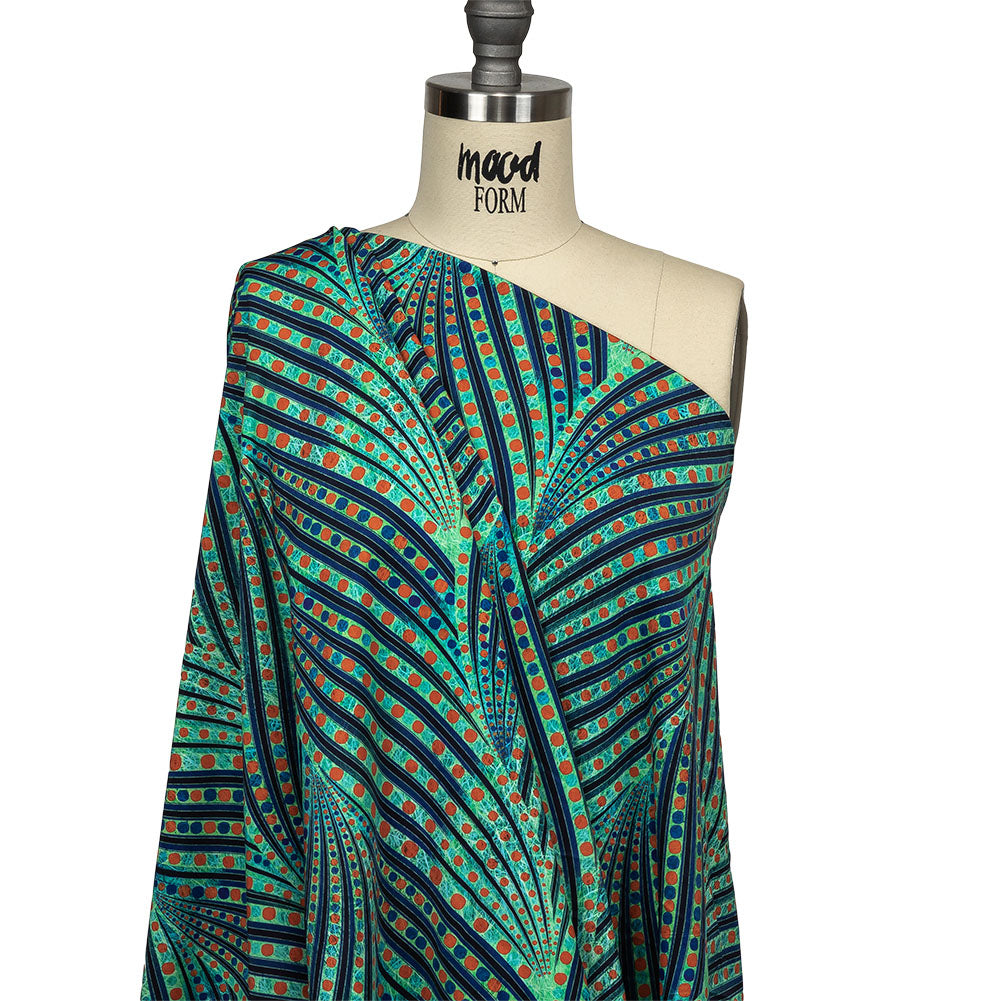 Jade, Blue and Orange Art Deco Feathers UV Protective Compression Swimwear Tricot with Aloe Vera Microcapsules