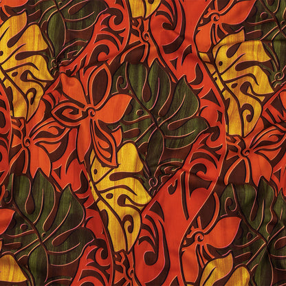 Red, Orange and Olive Green Art Nouveau Leaves UV Protective Compression Swimwear Tricot with Aloe Vera Microcapsules