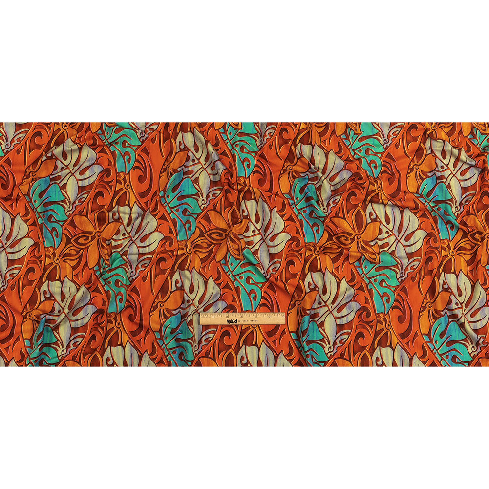 Orange and Turquoise Art Nouveau Leaves UV Protective Compression Swimwear Tricot with Aloe Vera Microcapsules