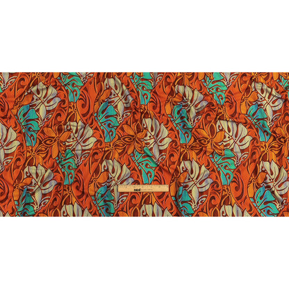 Orange and Turquoise Art Nouveau Leaves UV Protective Compression Swimwear Tricot with Aloe Vera Microcapsules