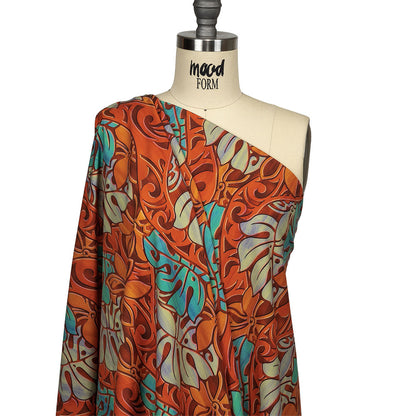 Orange and Turquoise Art Nouveau Leaves UV Protective Compression Swimwear Tricot with Aloe Vera Microcapsules