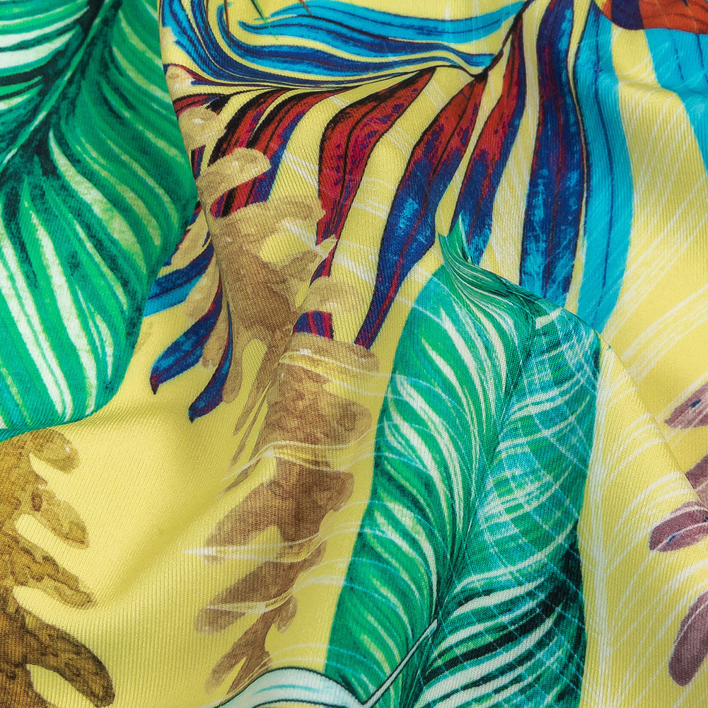Yellow, Teal and Pink Foliage UV Protective Compression Swimwear Tricot with Aloe Vera Microcapsules - Detail