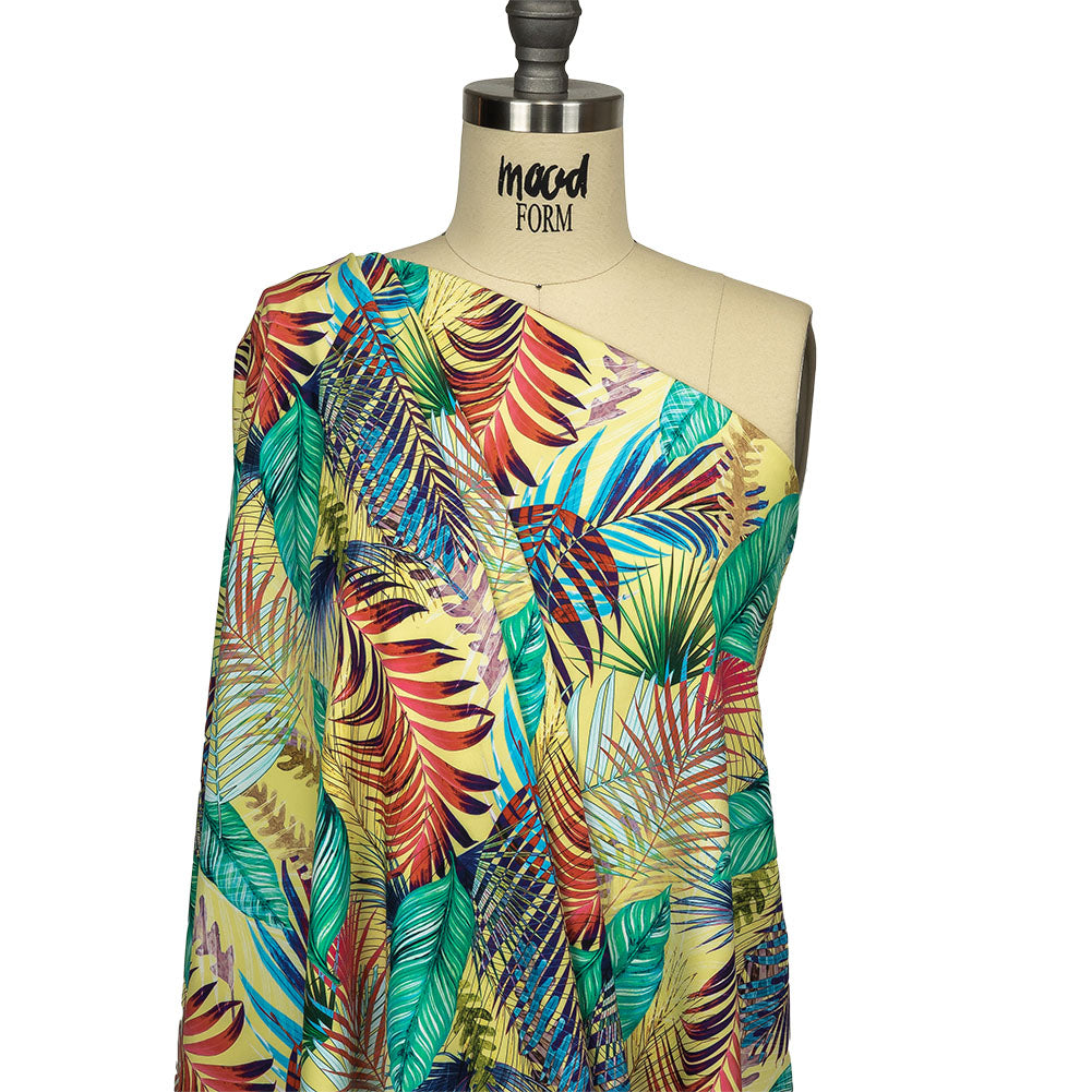 Yellow, Teal and Pink Foliage UV Protective Compression Swimwear Tricot with Aloe Vera Microcapsules - Drape