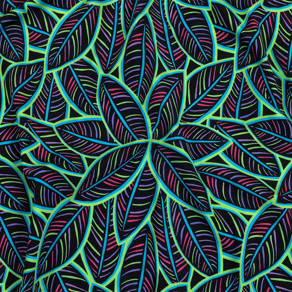 Black, Green and Blue Leaves UV Protective Compression Swimwear Tricot with Aloe Vera Microcapsules