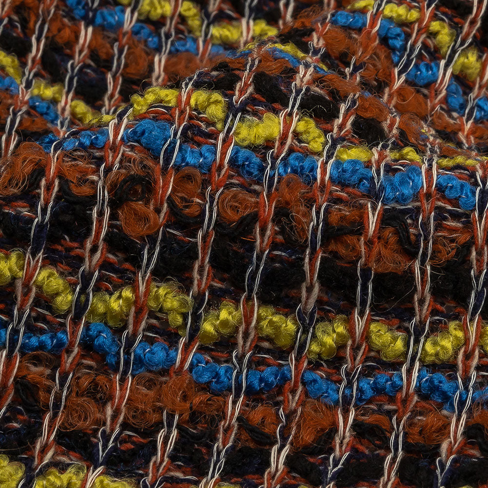 Italian Burnt Orange, Key Lime and Bright Blue Striped Boucle Wool Sweater Knit Detail