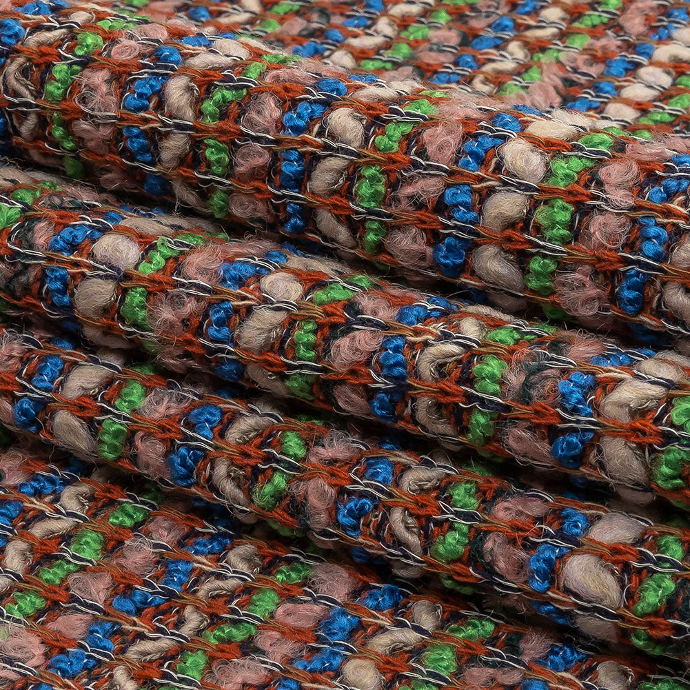 Italian Lime, Bright Blue and Light Pink Striped Boucle Wool Sweater Knit Folded