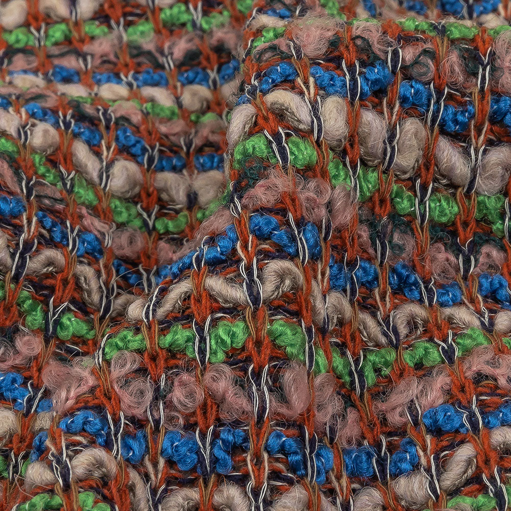 Italian Lime, Bright Blue and Light Pink Striped Boucle Wool Sweater Knit Detail