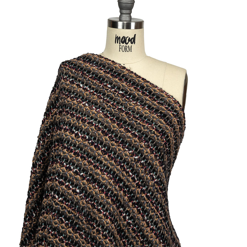 Italian Camel, Gray, and Navy Striped Boucle Wool Sweater Knit Drape