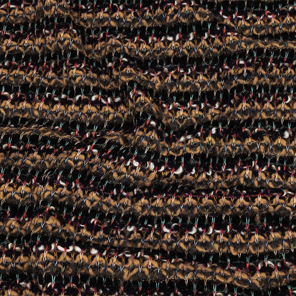 Italian Camel, Gray, and Navy Striped Boucle Wool Sweater Knit