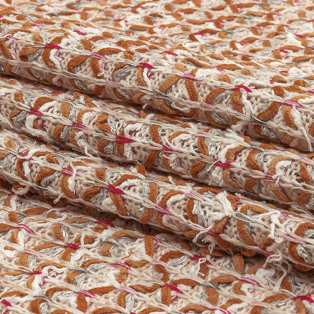 Italian Ivory, Camel and Pink Tactile Cotton and Polyester Sweater Knit Folded