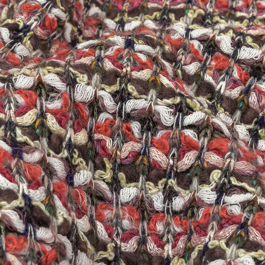 Italian Pink, White, and Olive Striped Boucle Chunky Blended Wool Sweater Knit Detail