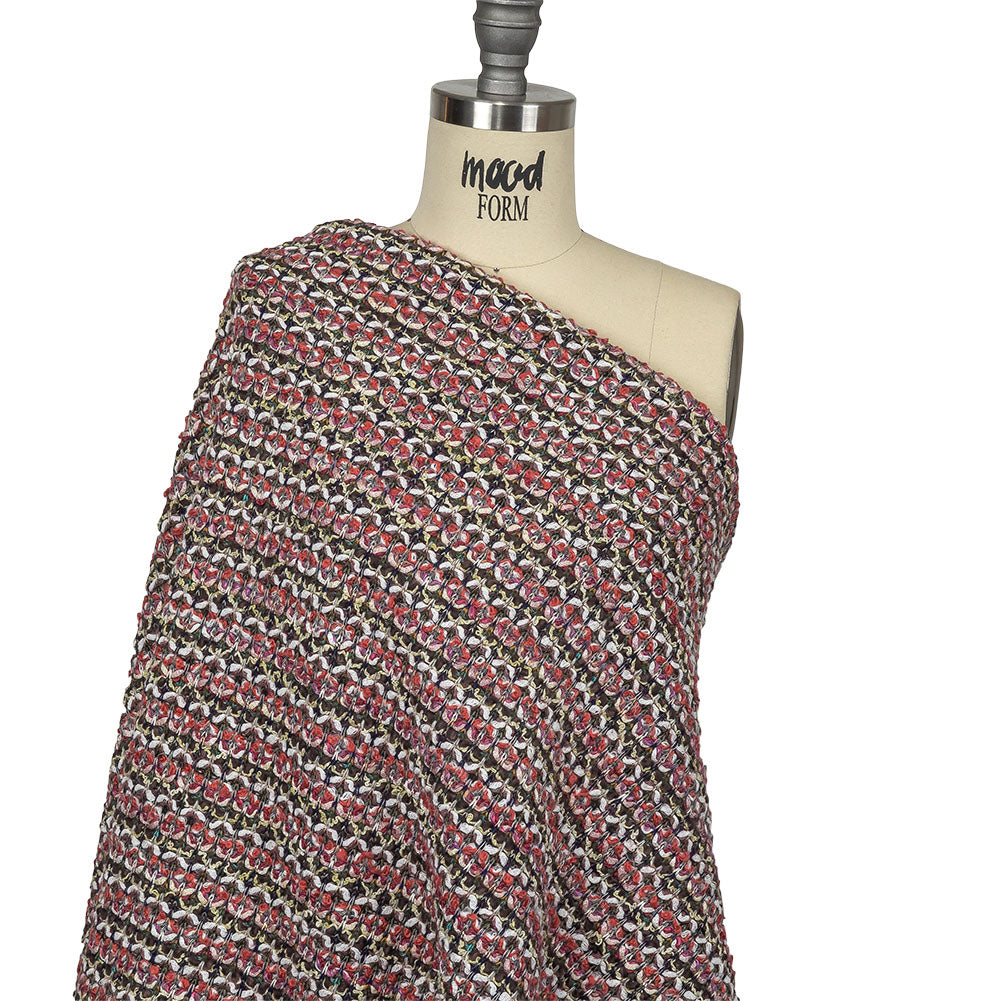 Italian Pink, White, and Olive Striped Boucle Chunky Blended Wool Sweater Knit Drape