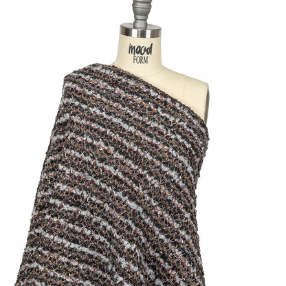 Italian Gray, Black and Brown Striped Boucle Blended Wool Sweater Knit Drape