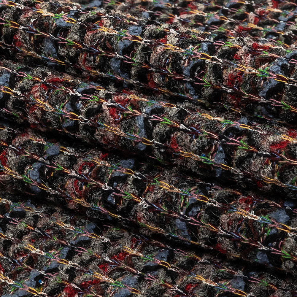 Italian Dusty Blue, Charcoal and Red Striped Boucle Blended Wool Sweater Knit Folded