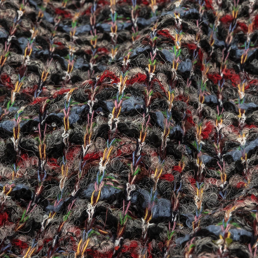 Italian Dusty Blue, Charcoal and Red Striped Boucle Blended Wool Sweater Knit Detail