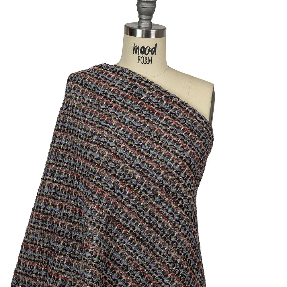 Italian Dusty Blue, Charcoal and Red Striped Boucle Blended Wool Sweater Knit Drape