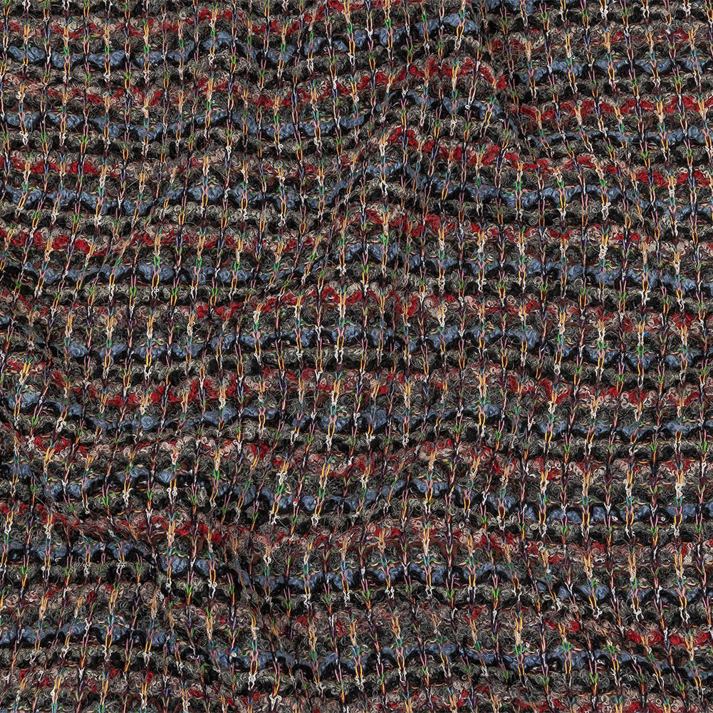 Italian Dusty Blue, Charcoal and Red Striped Boucle Blended Wool Sweater Knit
