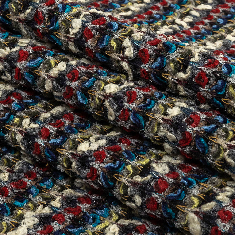 Italian Red, Blue and Sweet Corn Striped Boucle Blended Wool Sweater Knit Folded