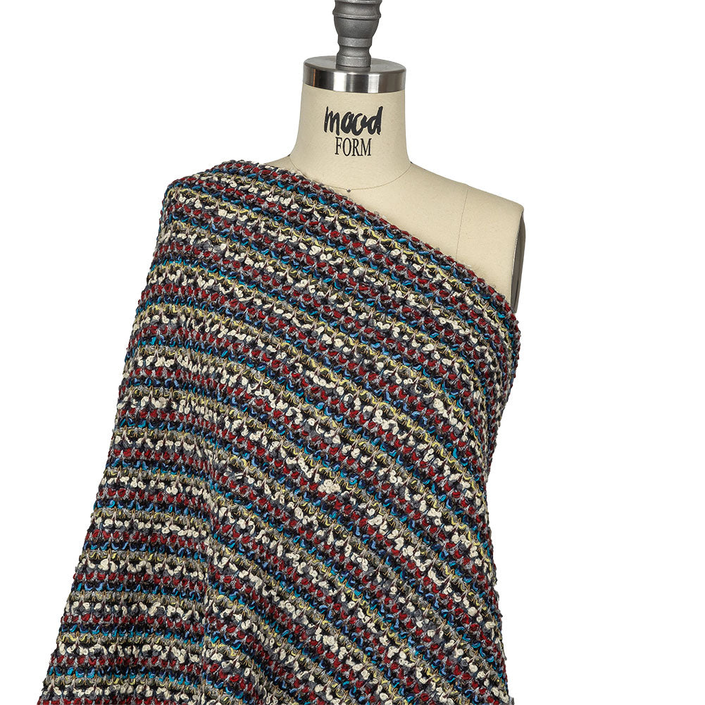 Italian Red, Blue and Sweet Corn Striped Boucle Blended Wool Sweater Knit Drape