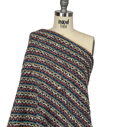 Italian Red, Blue and Sweet Corn Striped Boucle Blended Wool Sweater Knit Drape