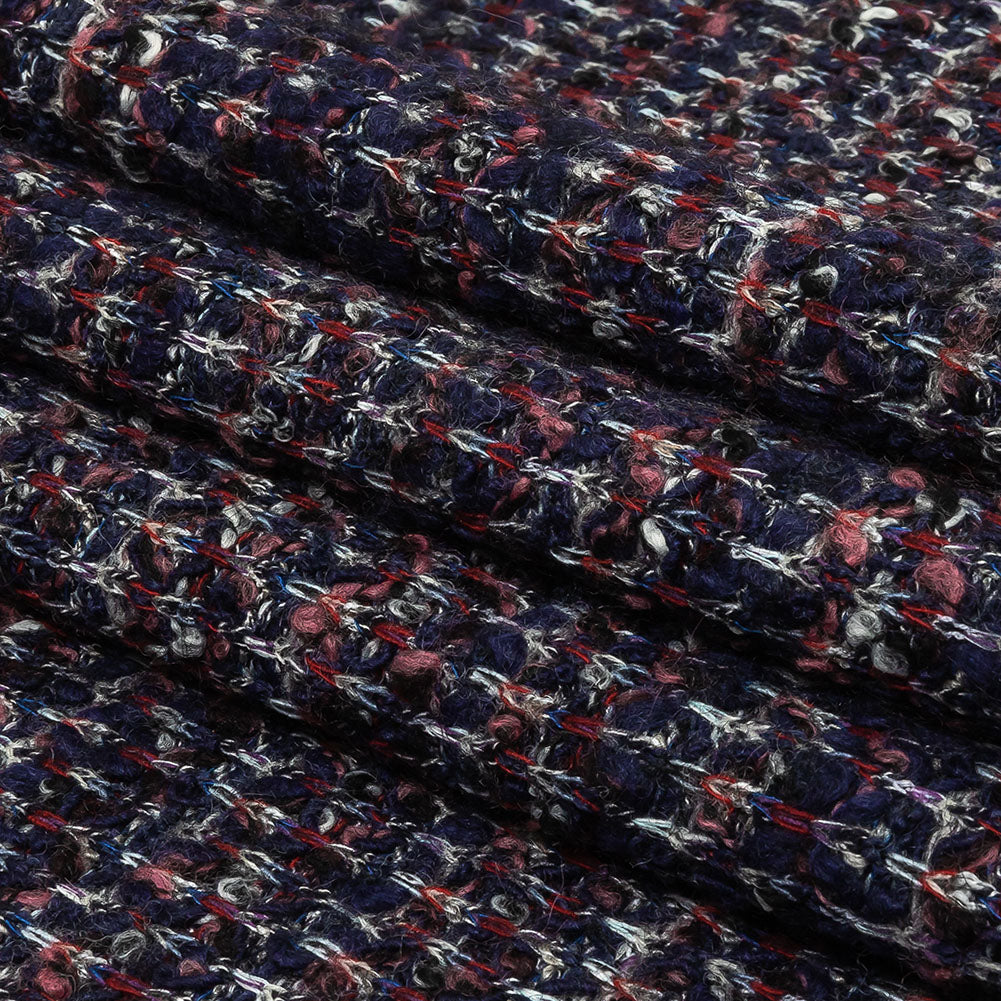 Italian Maritime Blue, Dusty Rose, and Red Striated Boucle Blended Wool Sweater Knit Folded