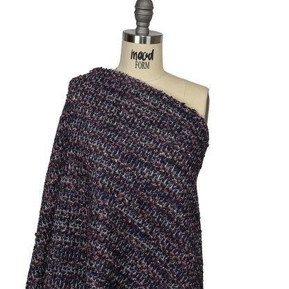 Italian Maritime Blue, Dusty Rose, and Red Striated Boucle Blended Wool Sweater Knit Drape