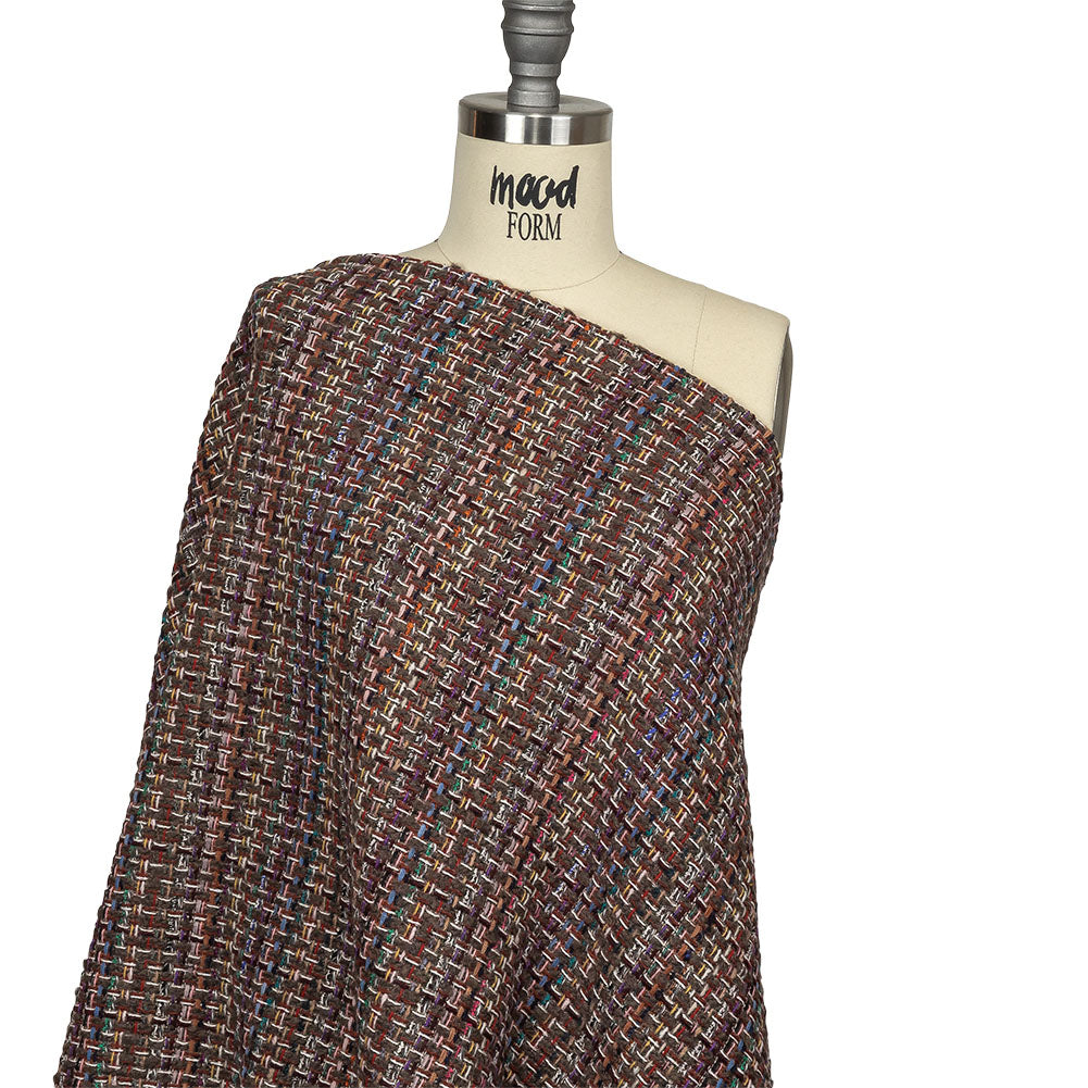 Italian Taupe, Burgundy and Multicolor Tweedy Plaid Blended Wool Woven Drape