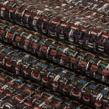 Black Coffee, Cream and Multicolor Tweedy Plaid Blended Wool Woven Folded