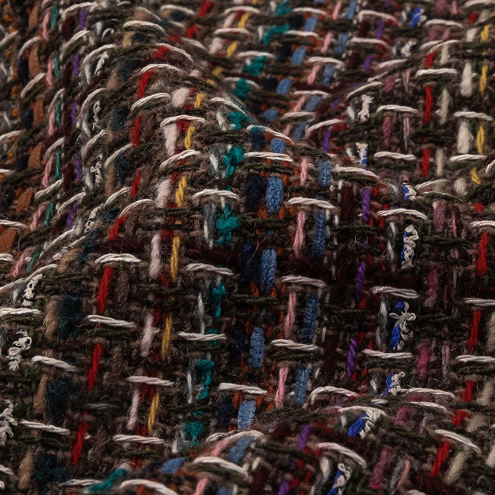 Italian Gray Brown, Burgundy and Multicolor Tweedy Plaid Blended Wool Woven Detail