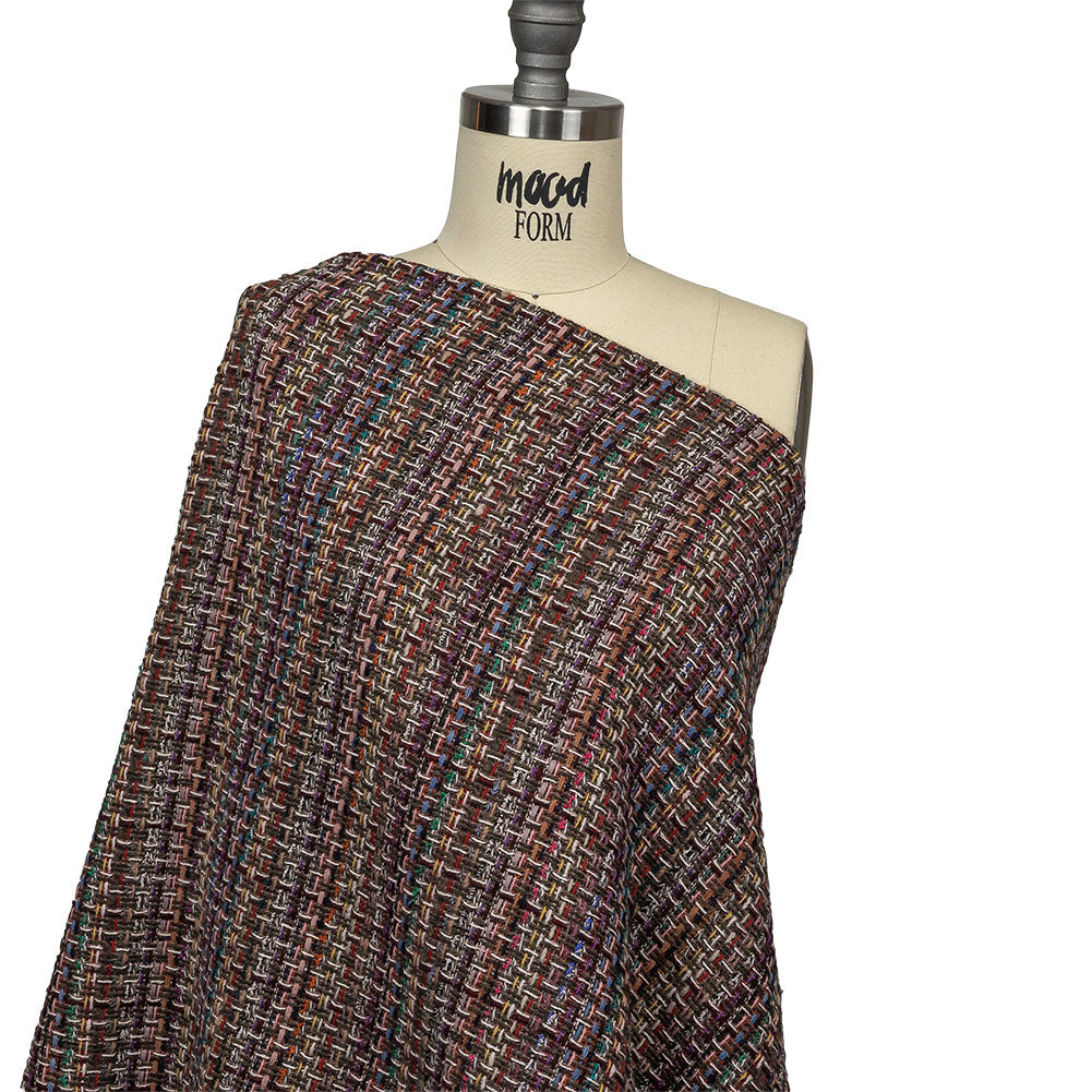 Italian Gray Brown, Burgundy and Multicolor Tweedy Plaid Blended Wool Woven Drape